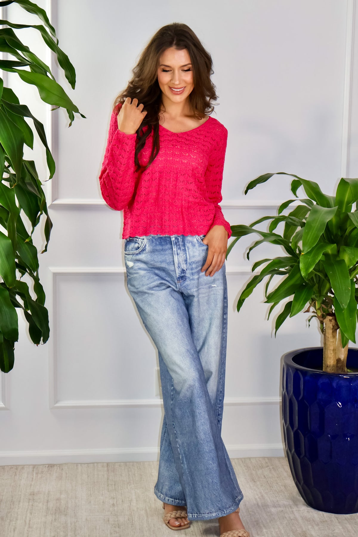 Aisha V-Neck Pointelle Sweater : Hot Pink