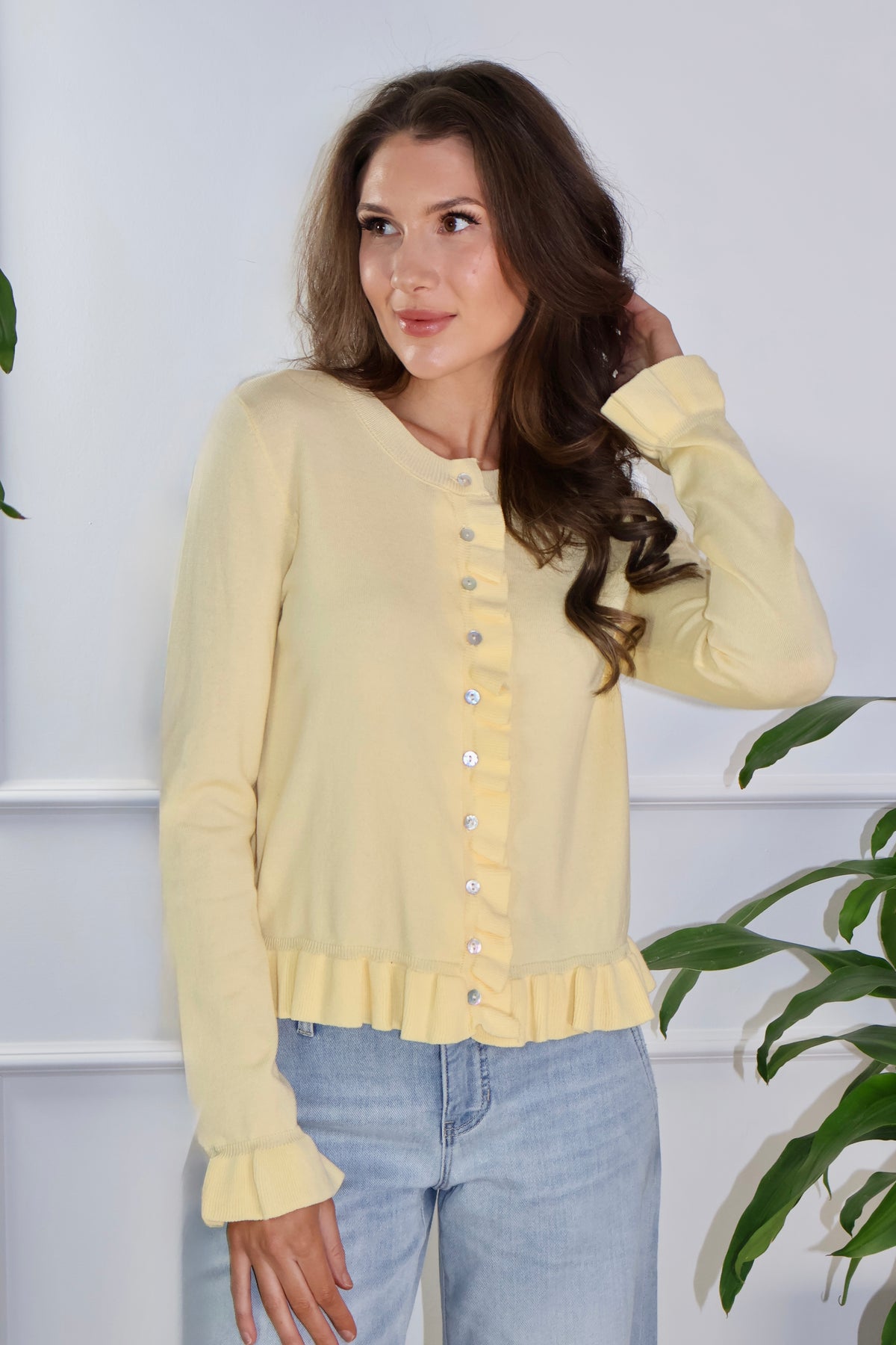 Rosalee Ruffle Hem Button Up Sweater : Yellow