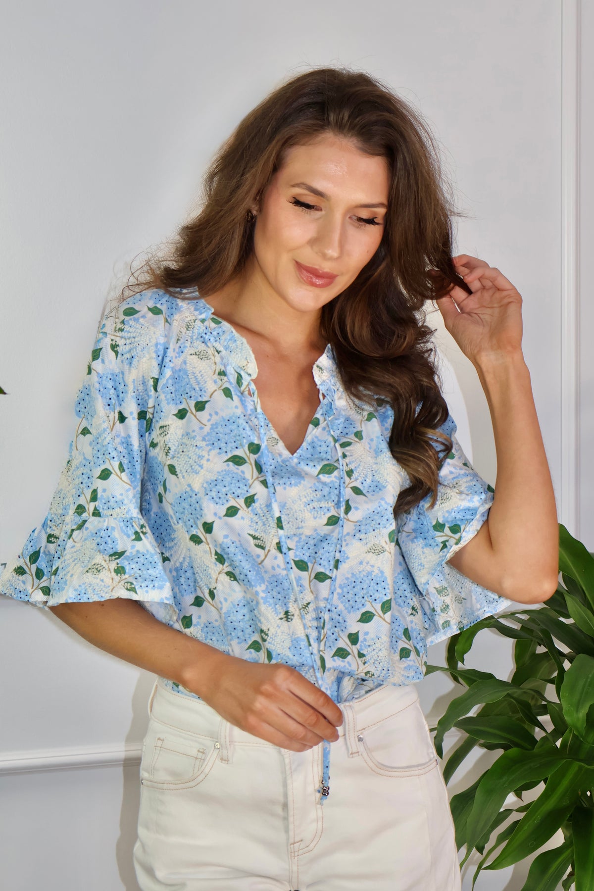 Avianna Embroidered Floral Beaded Tie Top : Blue