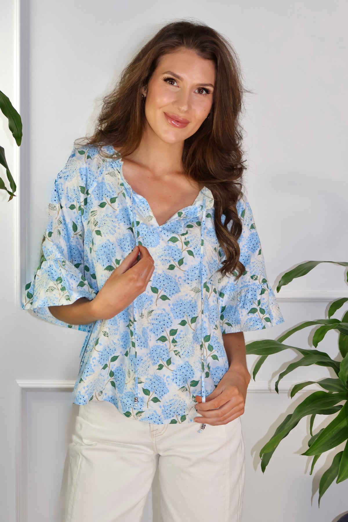 Avianna Embroidered Floral Beaded Tie Top : Blue