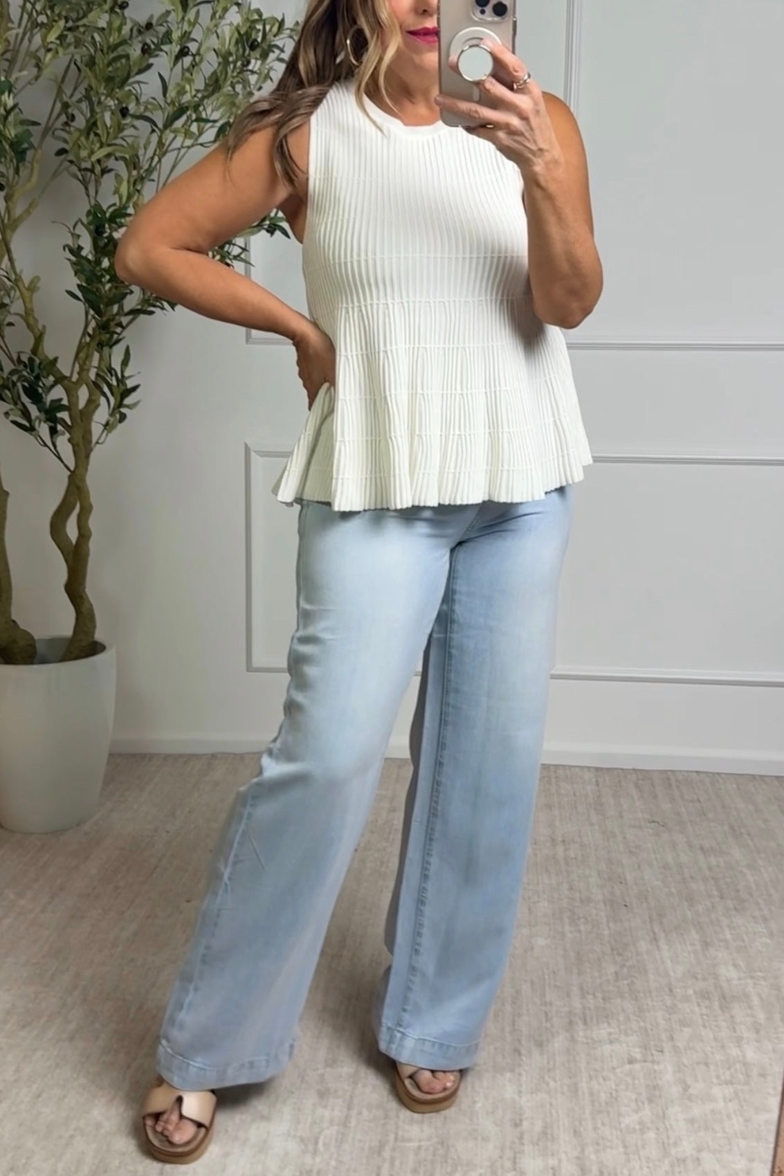Alice Flared Ribbed Sleeveless Knit Sweater Top : Off White