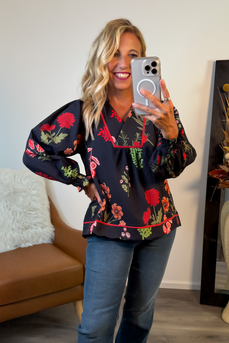 Cerese Flower Print Collared Top : Navy