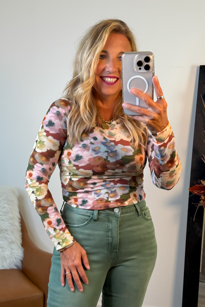 Charlie B Francesca Floral Mesh Top : Rust