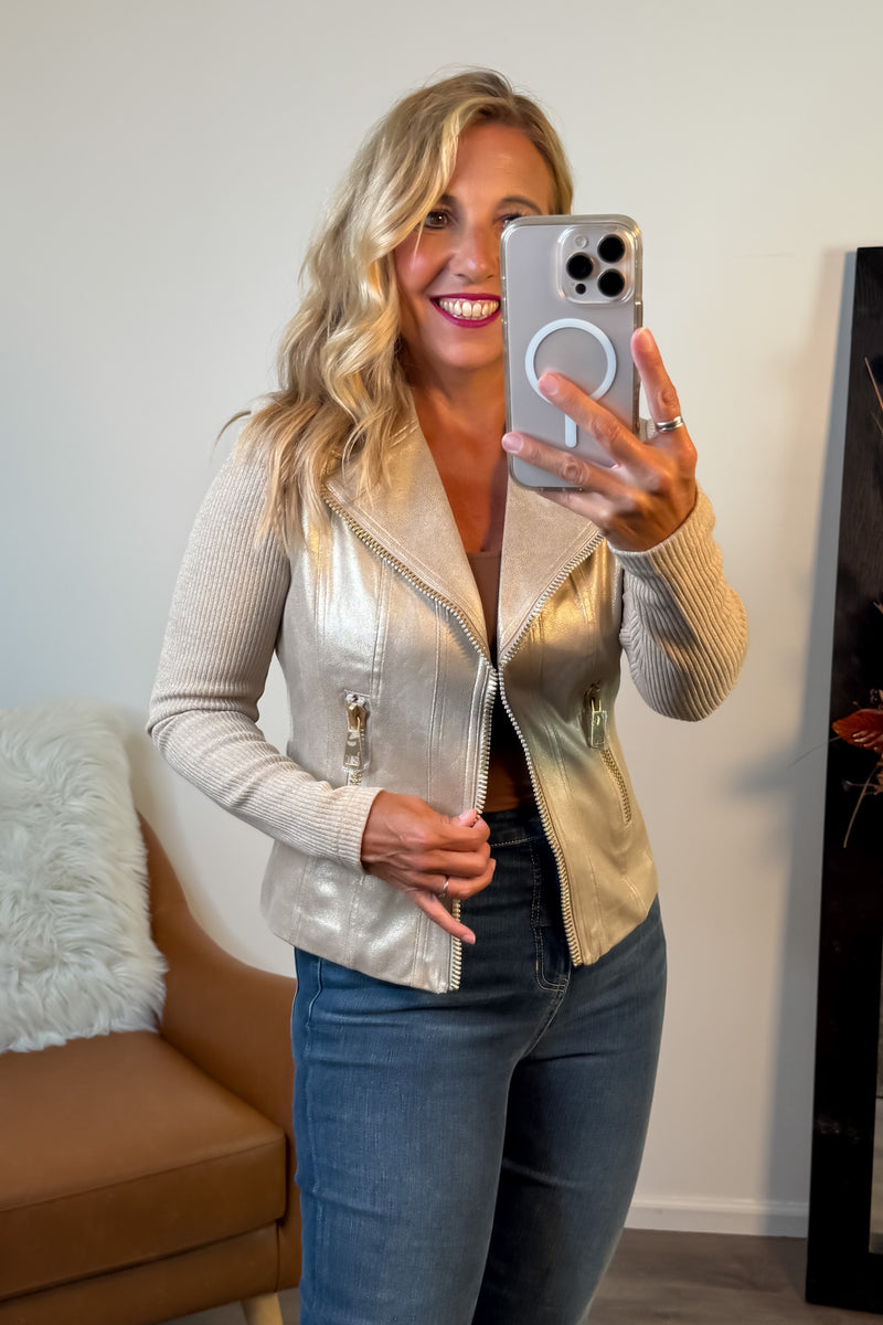 Charlie B Elidi Foil Leather/ Rib Knit Combo Jacket : Brass
