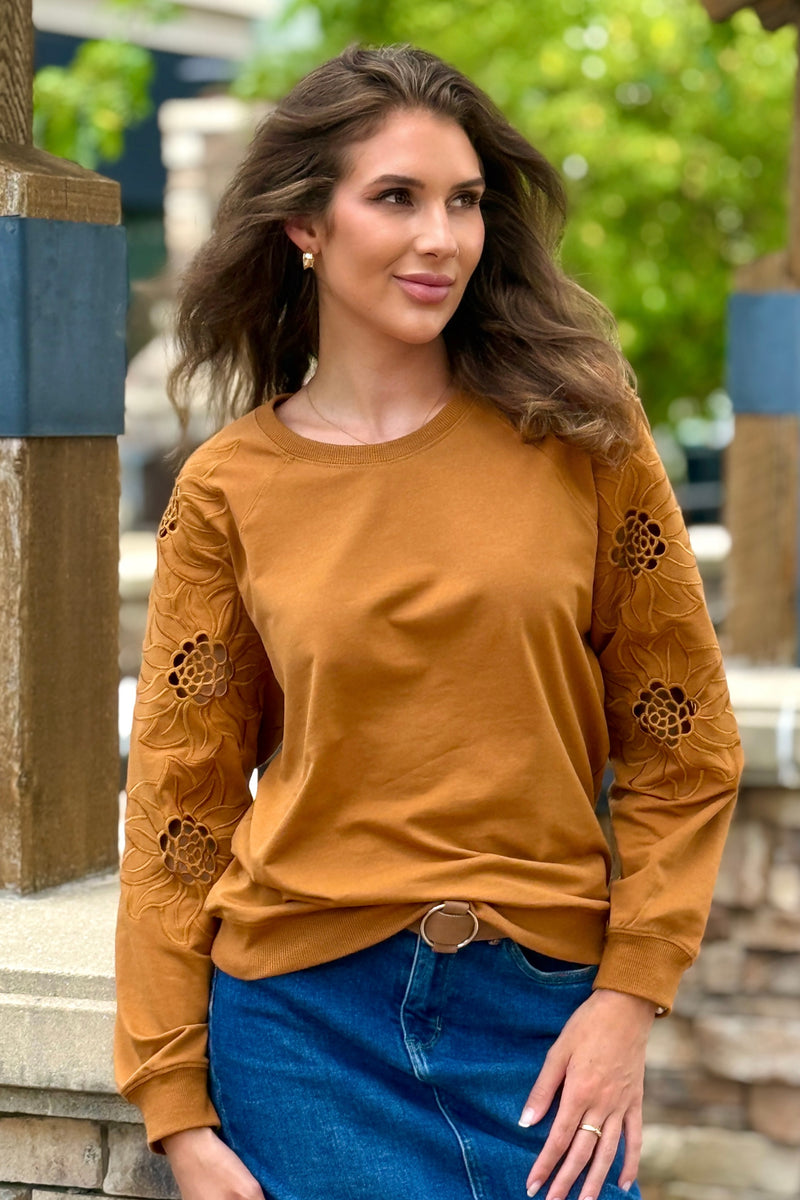 Adela Knit Pullover Embroidery Sleeve: Camel