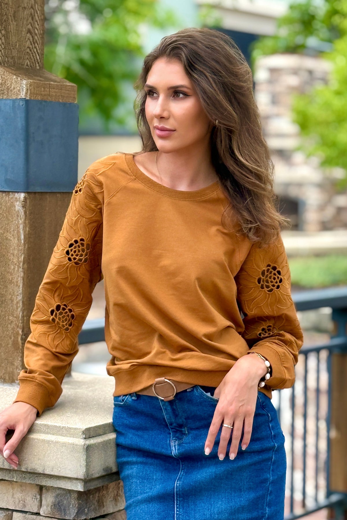 Adela Knit Pullover Embroidery Sleeve: Camel