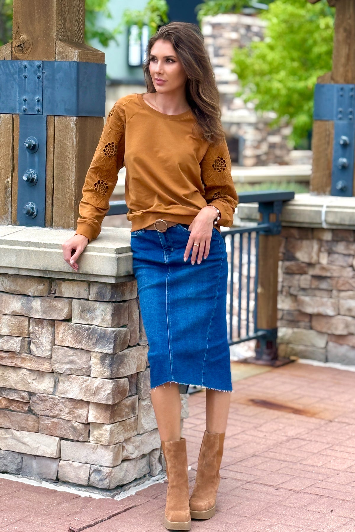 Adela Knit Pullover Embroidery Sleeve: Camel