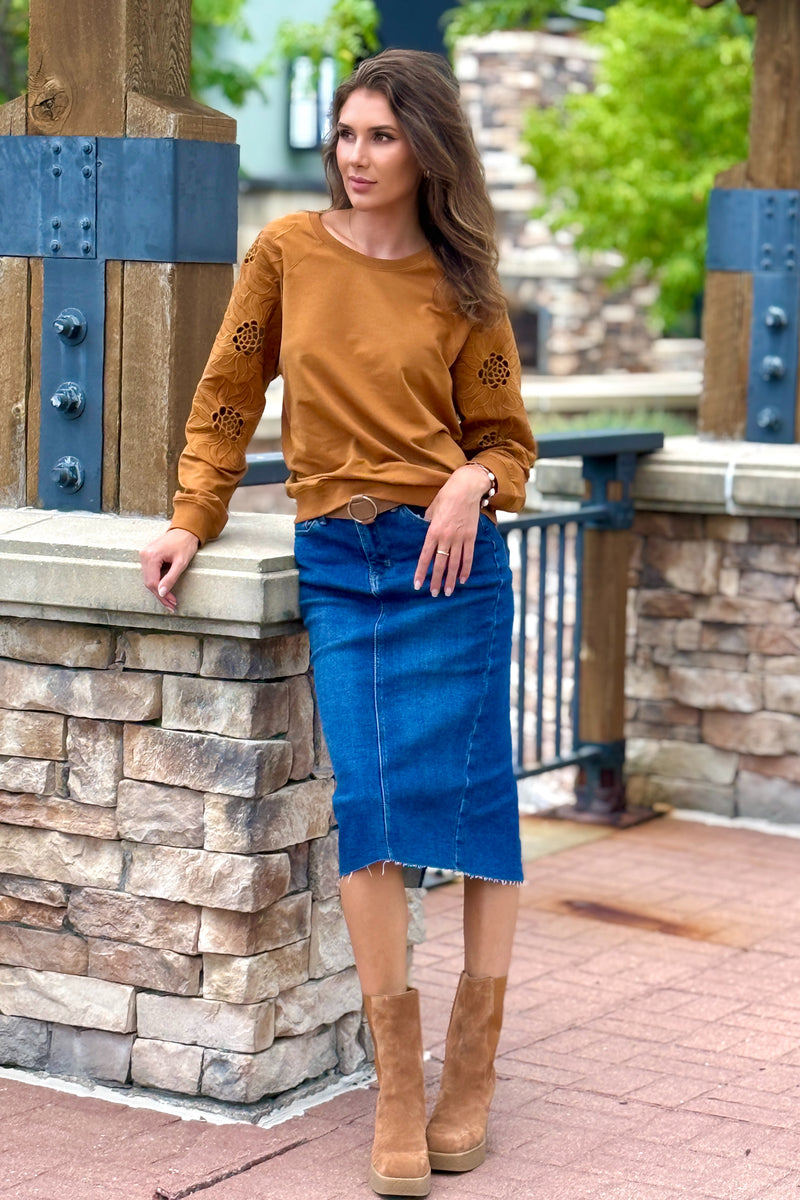 Adela Knit Pullover Embroidery Sleeve: Camel