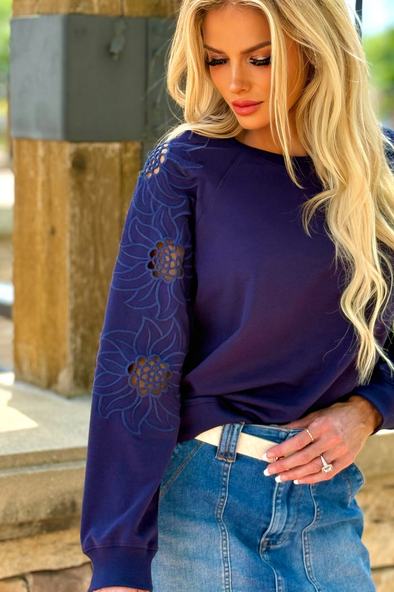 Adela Knit Pullover Embroidery Sleeve: Navy