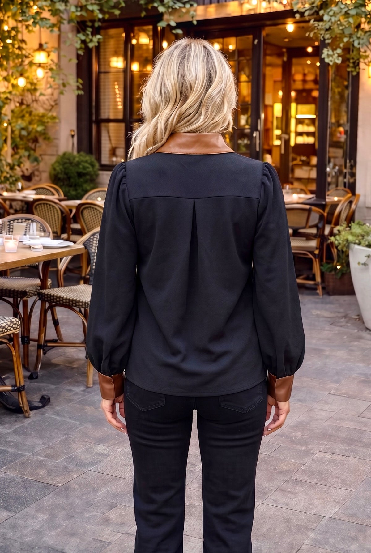 Kimani Long Sleeve Top with Leather Collar : Black