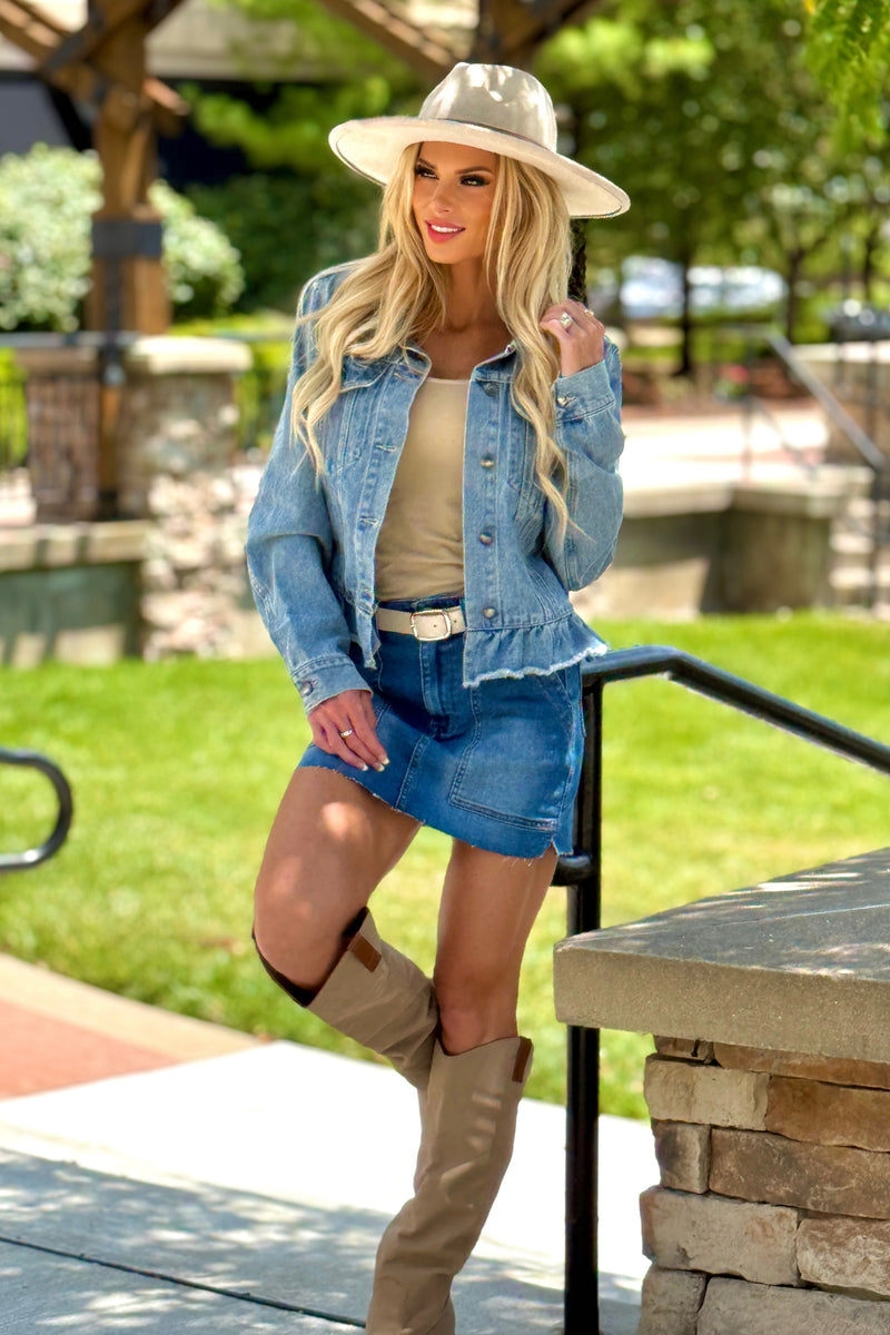 Avril Rufflle Denim Jacket : Lt. Denim