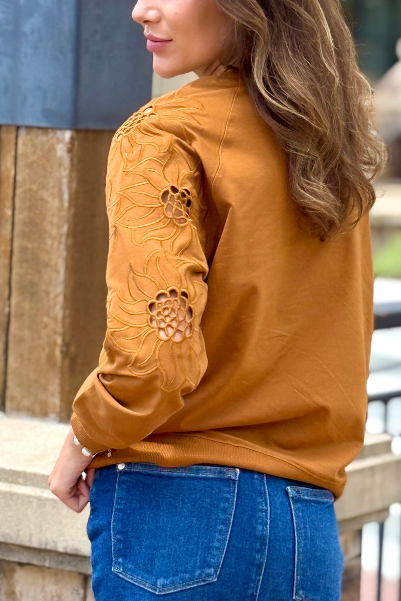 Adela Knit Pullover Embroidery Sleeve: Camel