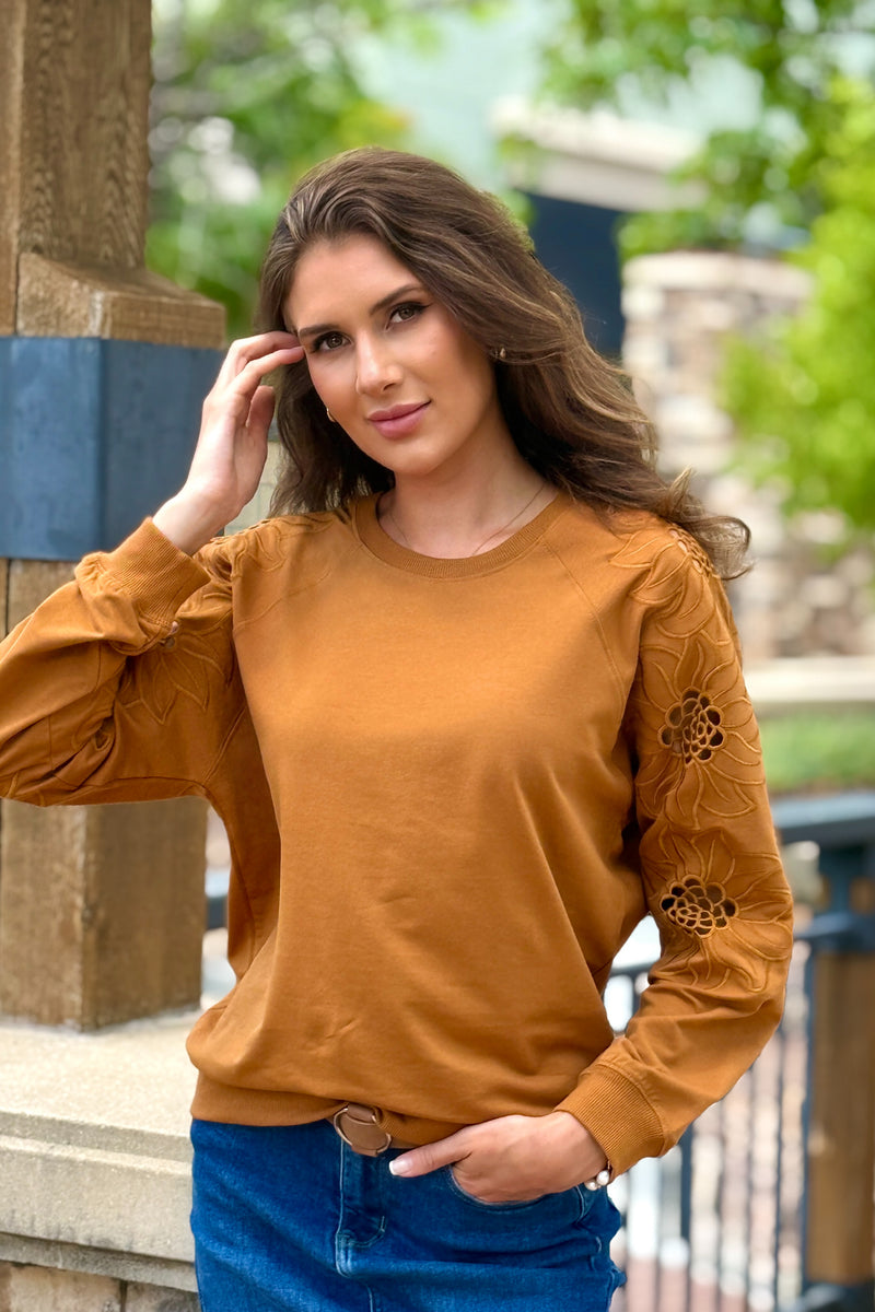 Adela Knit Pullover Embroidery Sleeve: Camel