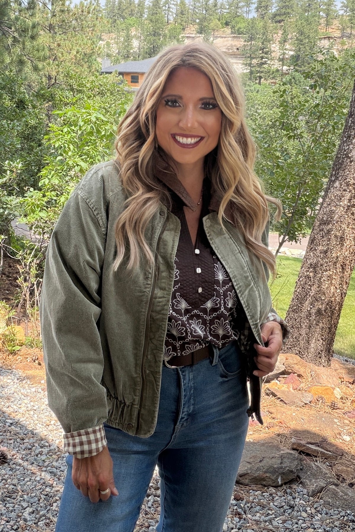 Jaylah Washed Corduroy Jacket with Leather Collar : Ash Olive