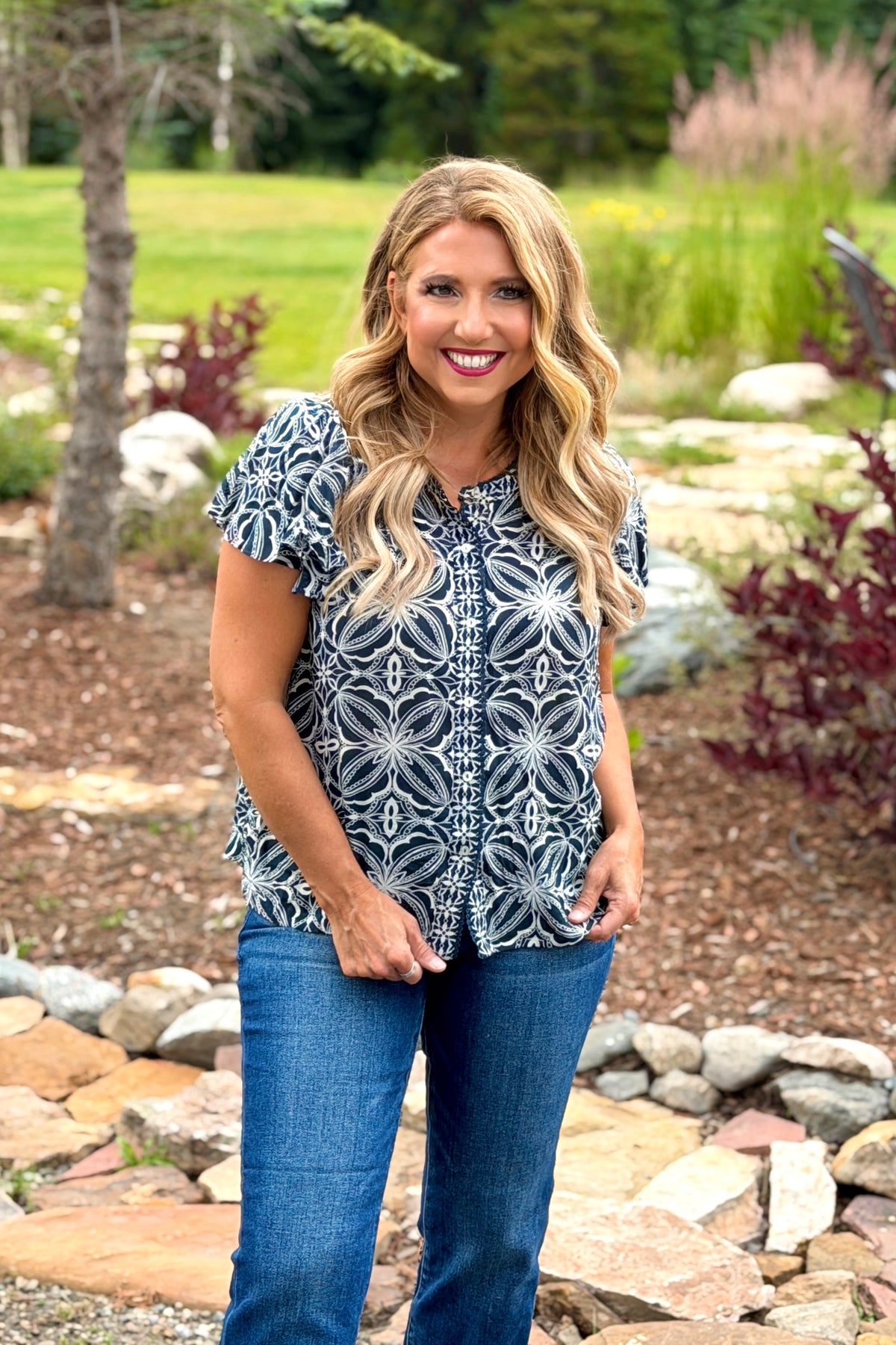 Liverpool Alisa Flutter Sleeve Mix Print Button Front Top : Blue/Cream