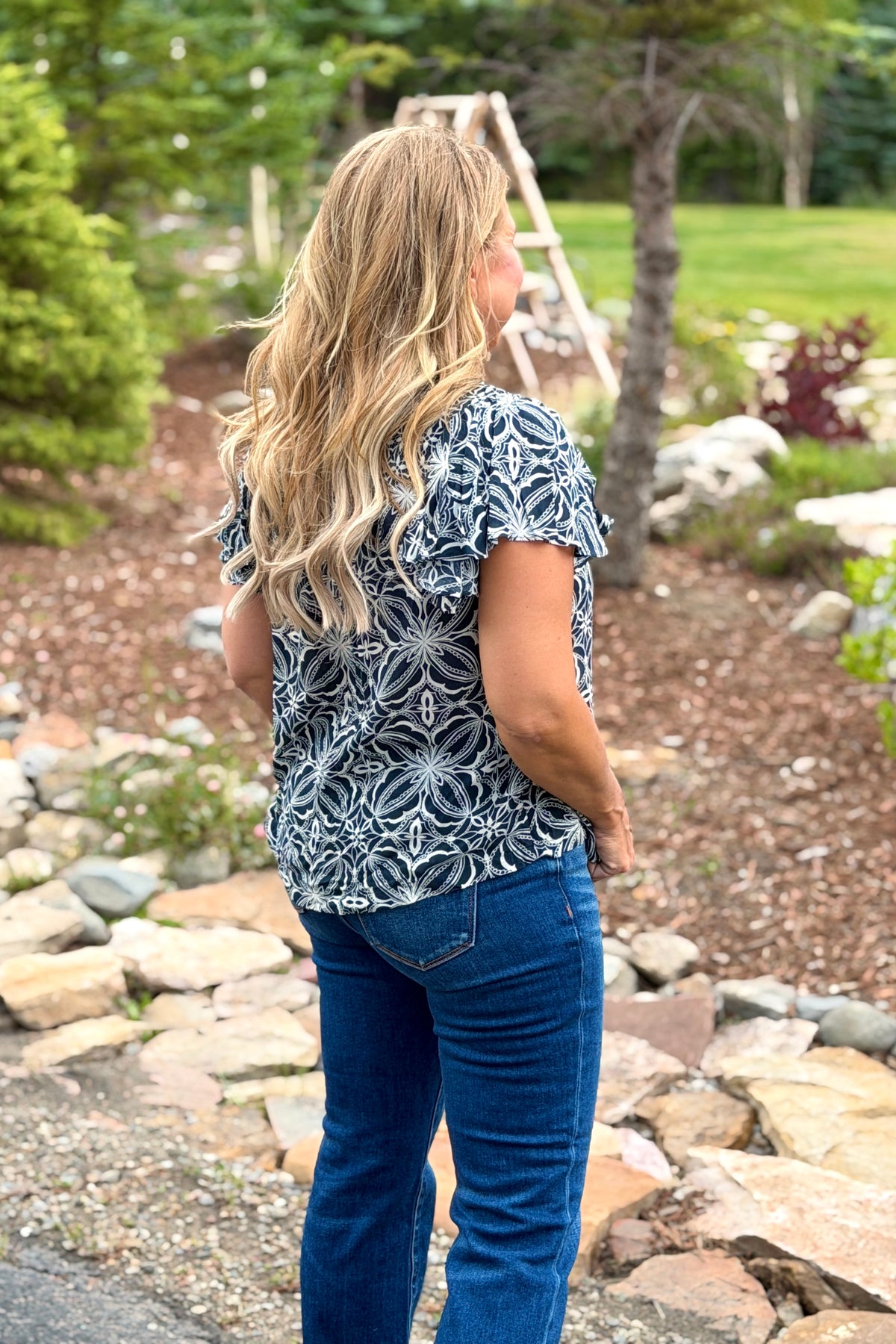 Liverpool Alisa Flutter Sleeve Mix Print Button Front Top : Blue/Cream