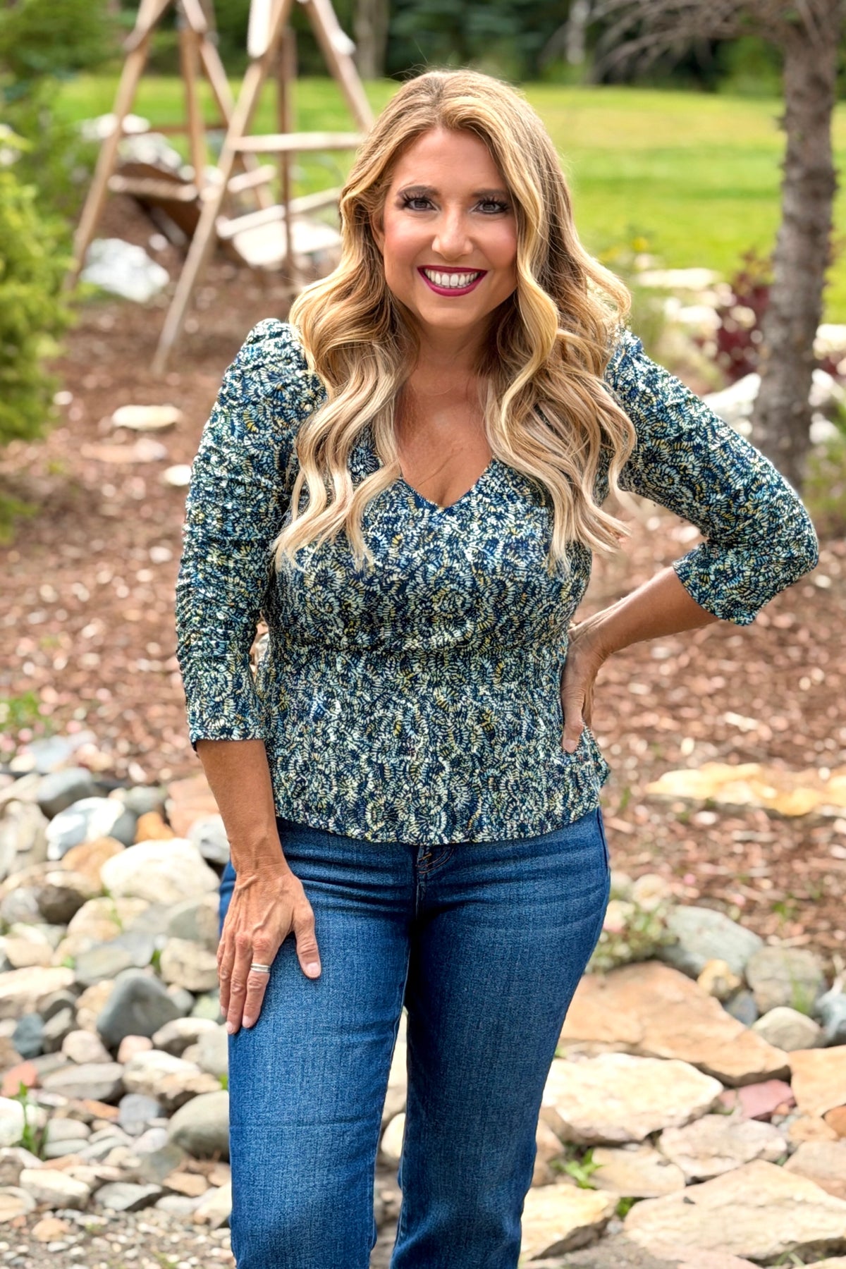 Liverpool Zarah 3/4 Ruched Sleeve V-Neck Knit Top : Navy/Gold Multi