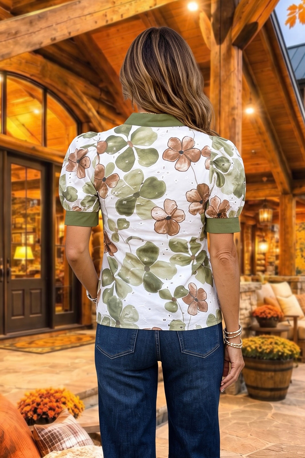 Kaydence Floral Collared Top : Olive