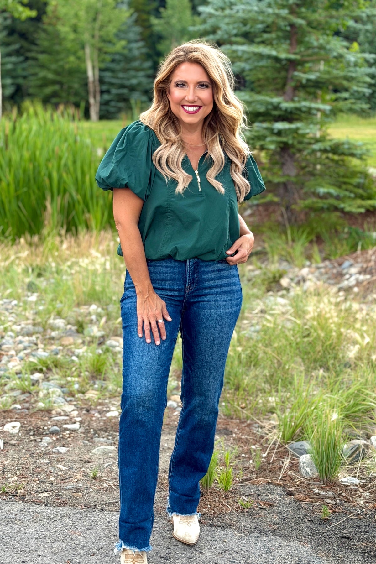 Evanya 3/4 Zip Collared Top : Hunter Green
