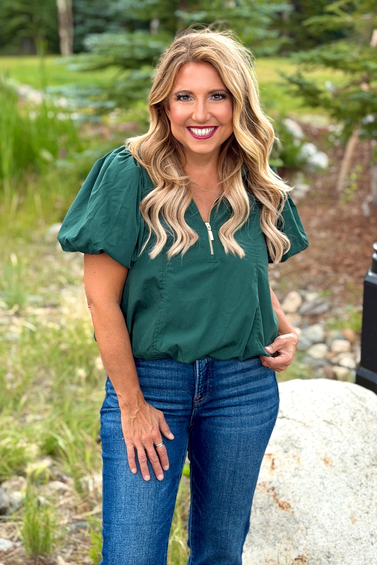 Evanya 3/4 Zip Collared Top : Hunter Green
