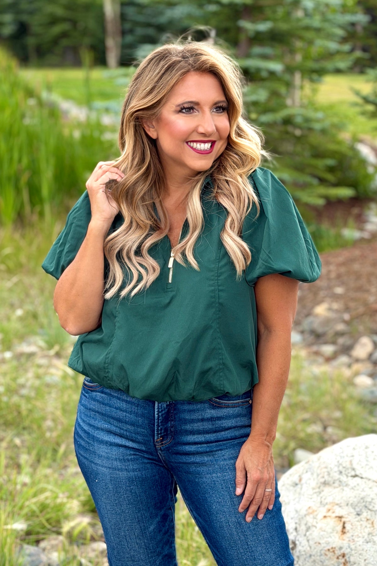 Evanya 3/4 Zip Collared Top : Hunter Green