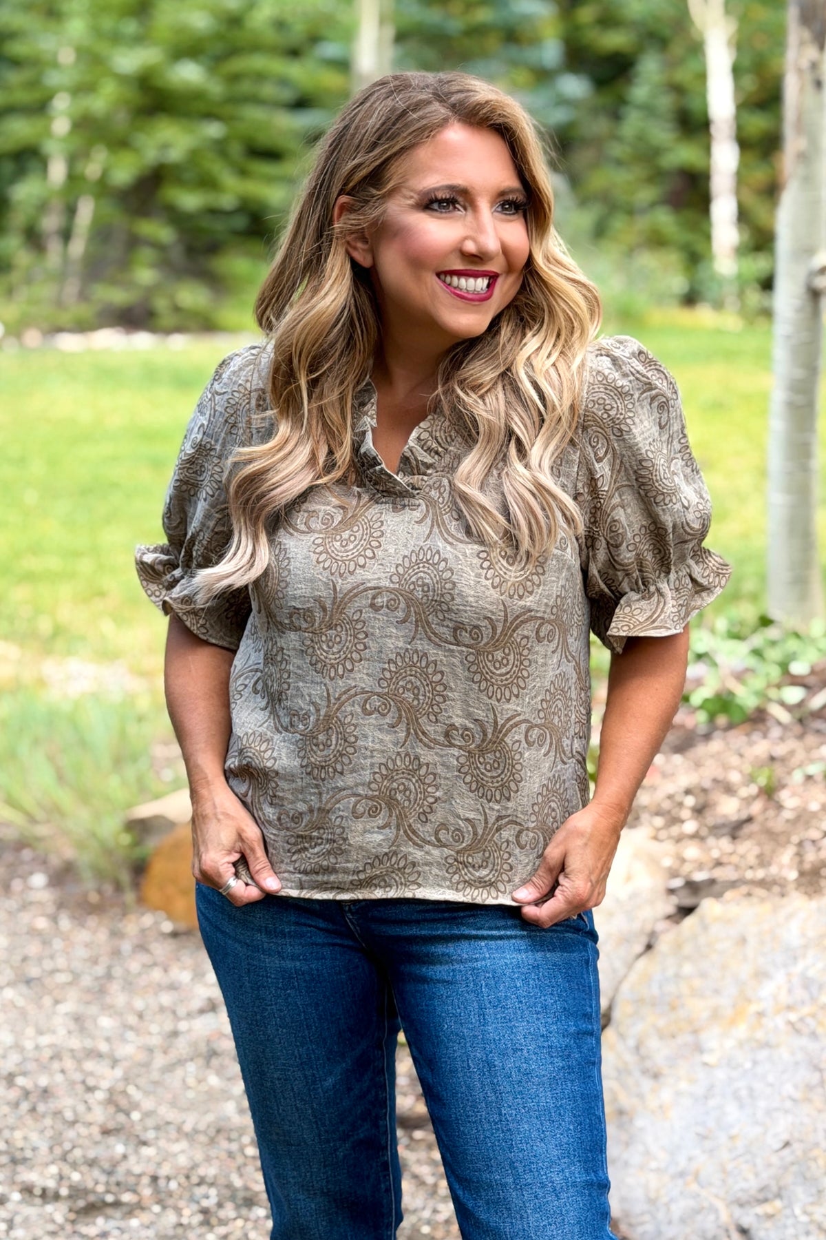 Cassie Ruffled V-Neck Abstract Jacquard Organza Top : Brown