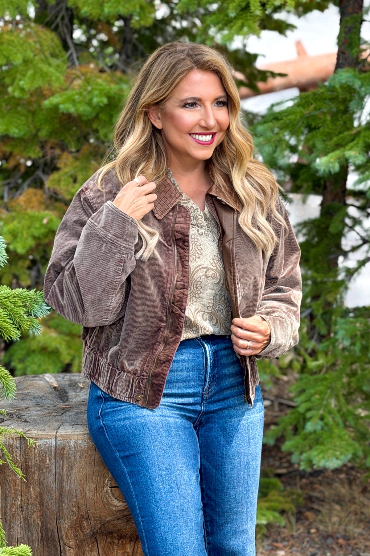 Jaylah Washed Corduroy Jacket with Leather Collar : Ash Brown