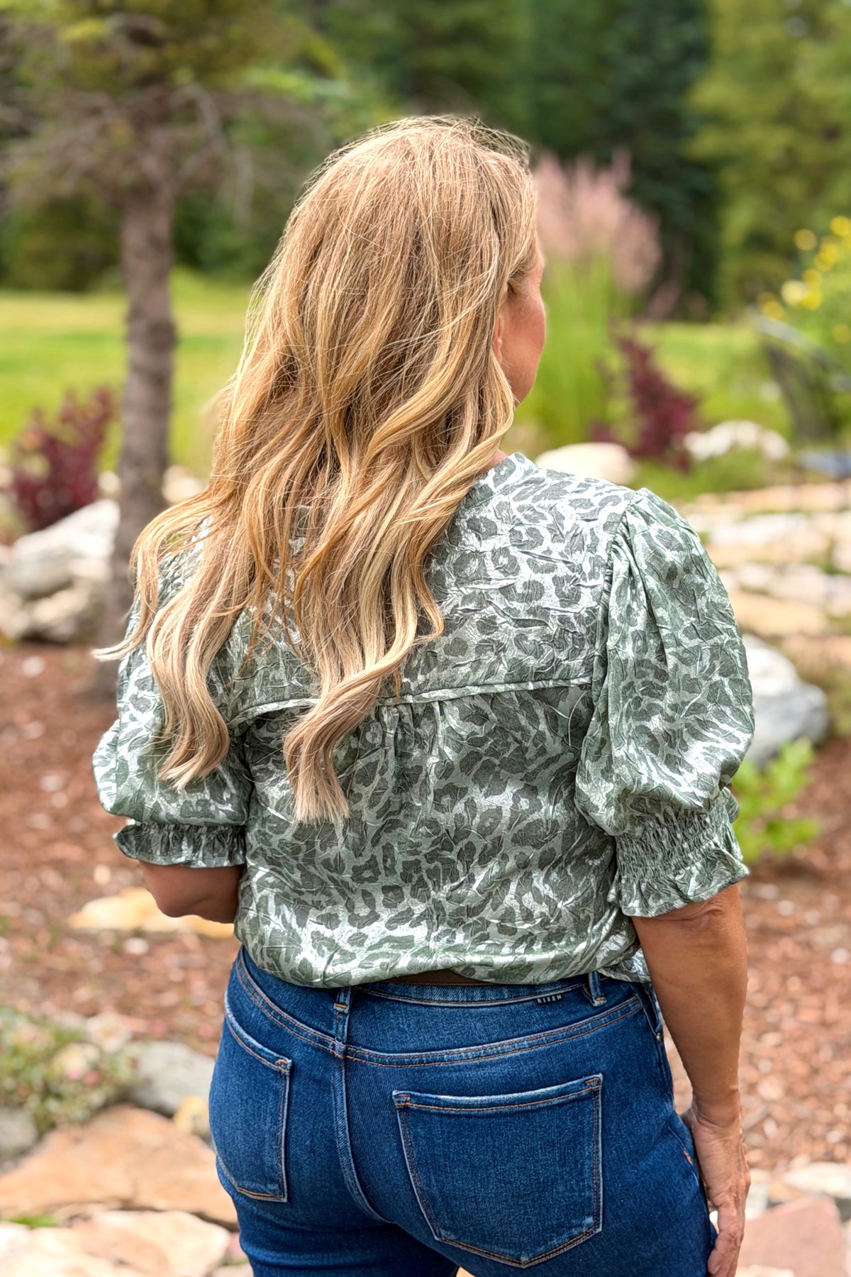 Eulatia Smocked Animal Print Top : Olive