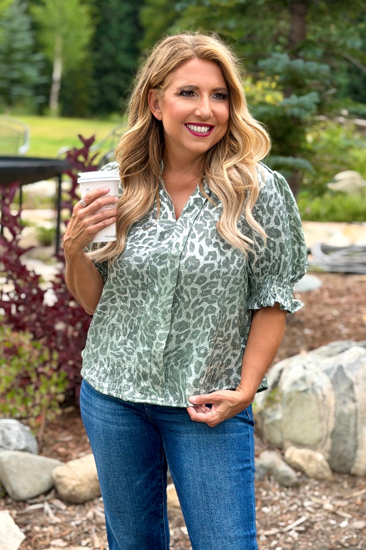 Eulatia Smocked Animal Print Top : Olive