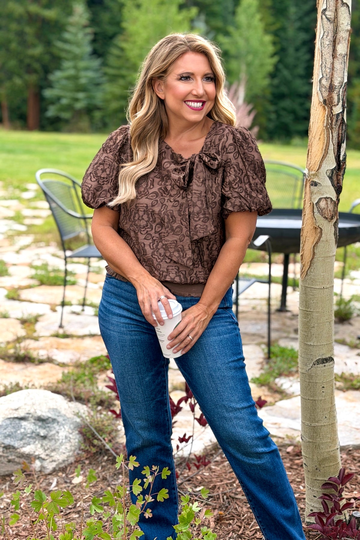 Helmi Front Bow Detail Floral Top : Brown