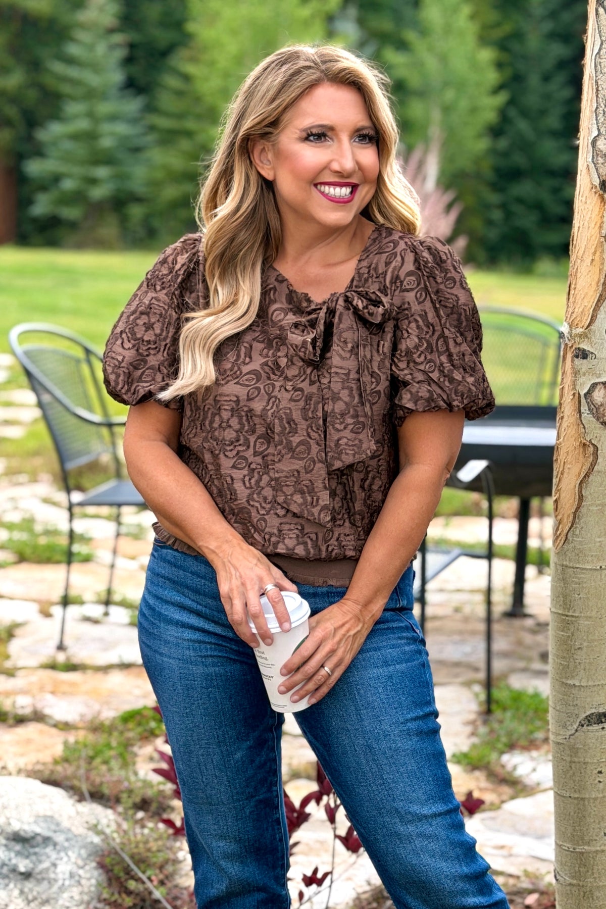 Helmi Front Bow Detail Floral Top : Brown