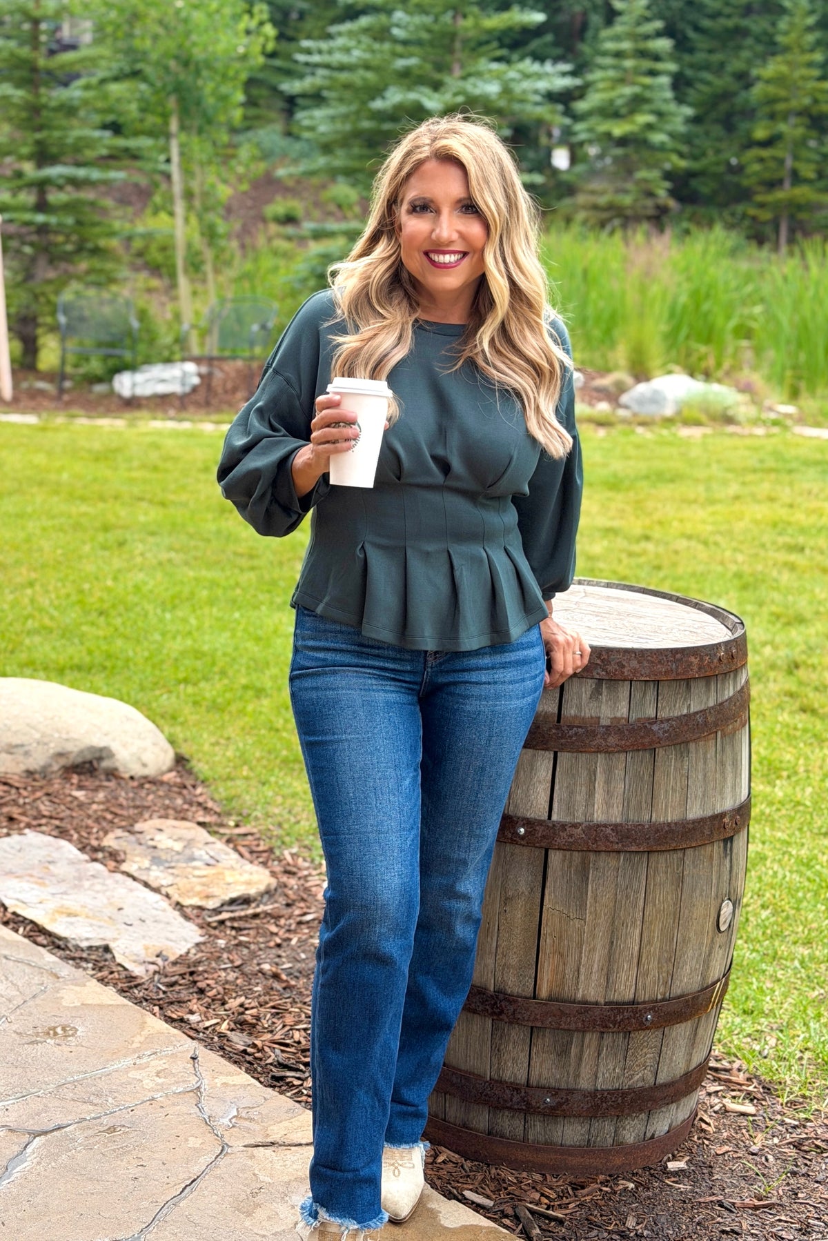 Anneliese Peplum Flair Top : Forest