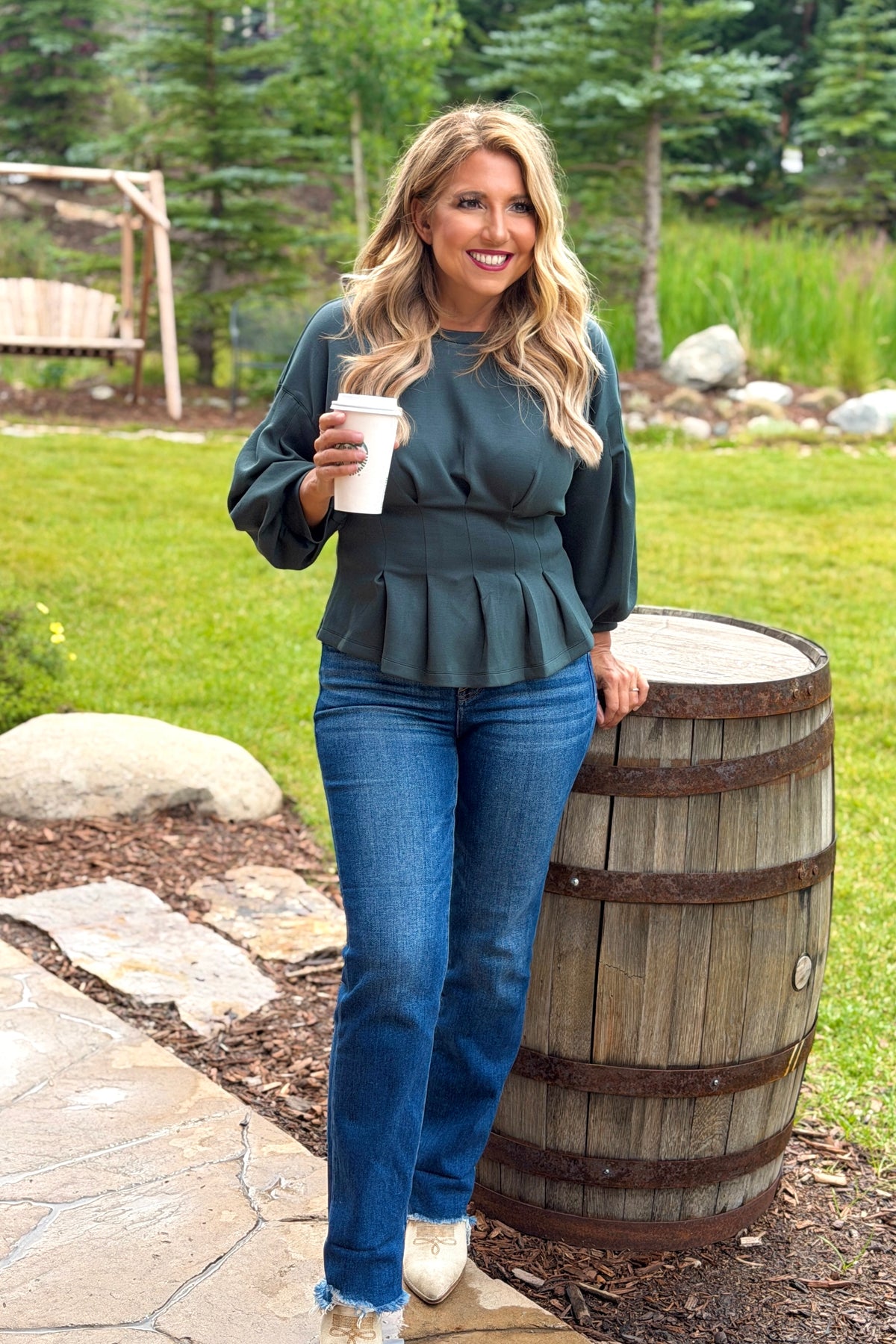 Anneliese Peplum Flair Top : Forest