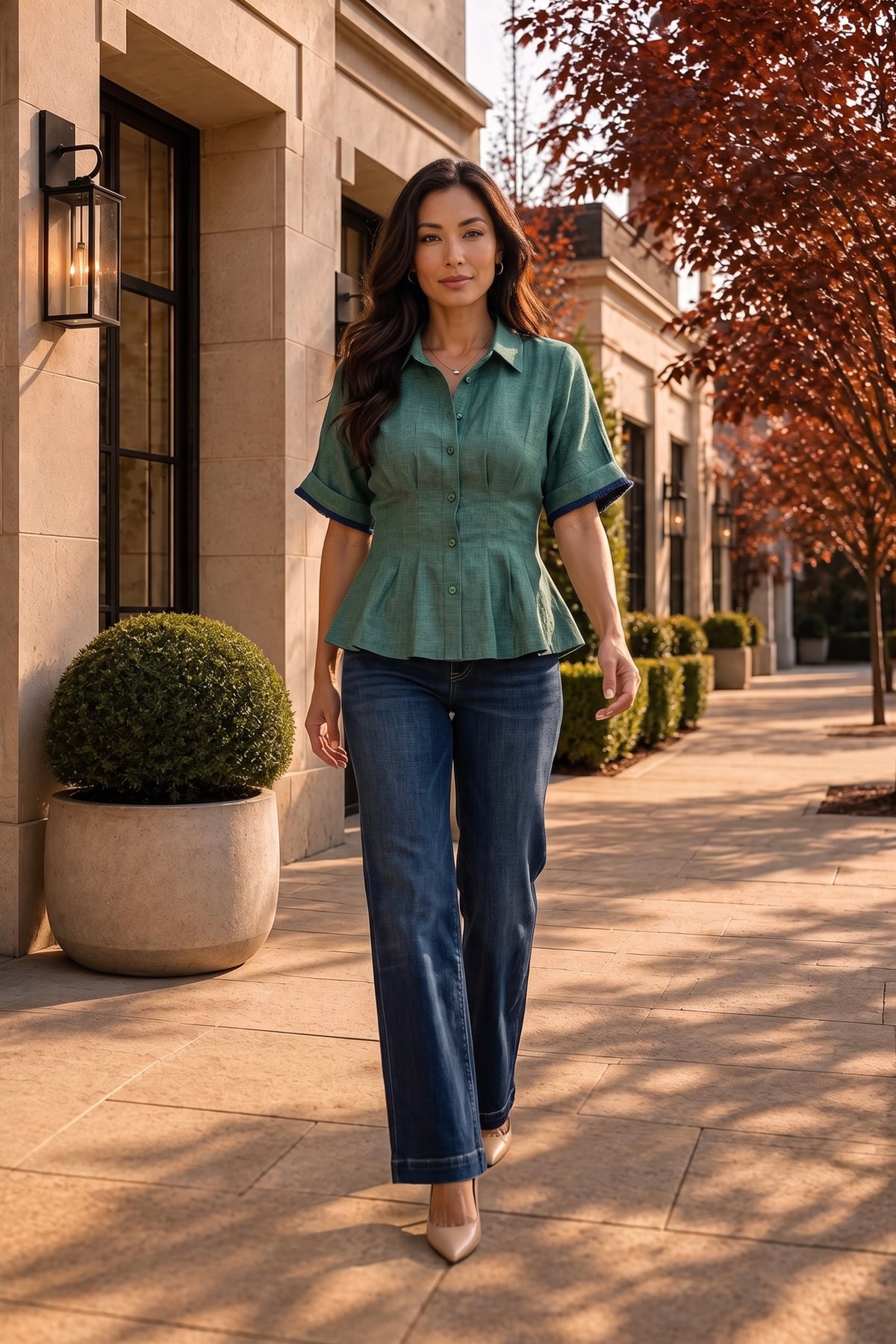 Joyce Pleated Waist Dolman Sleeve Button Down Top : Hunter Green