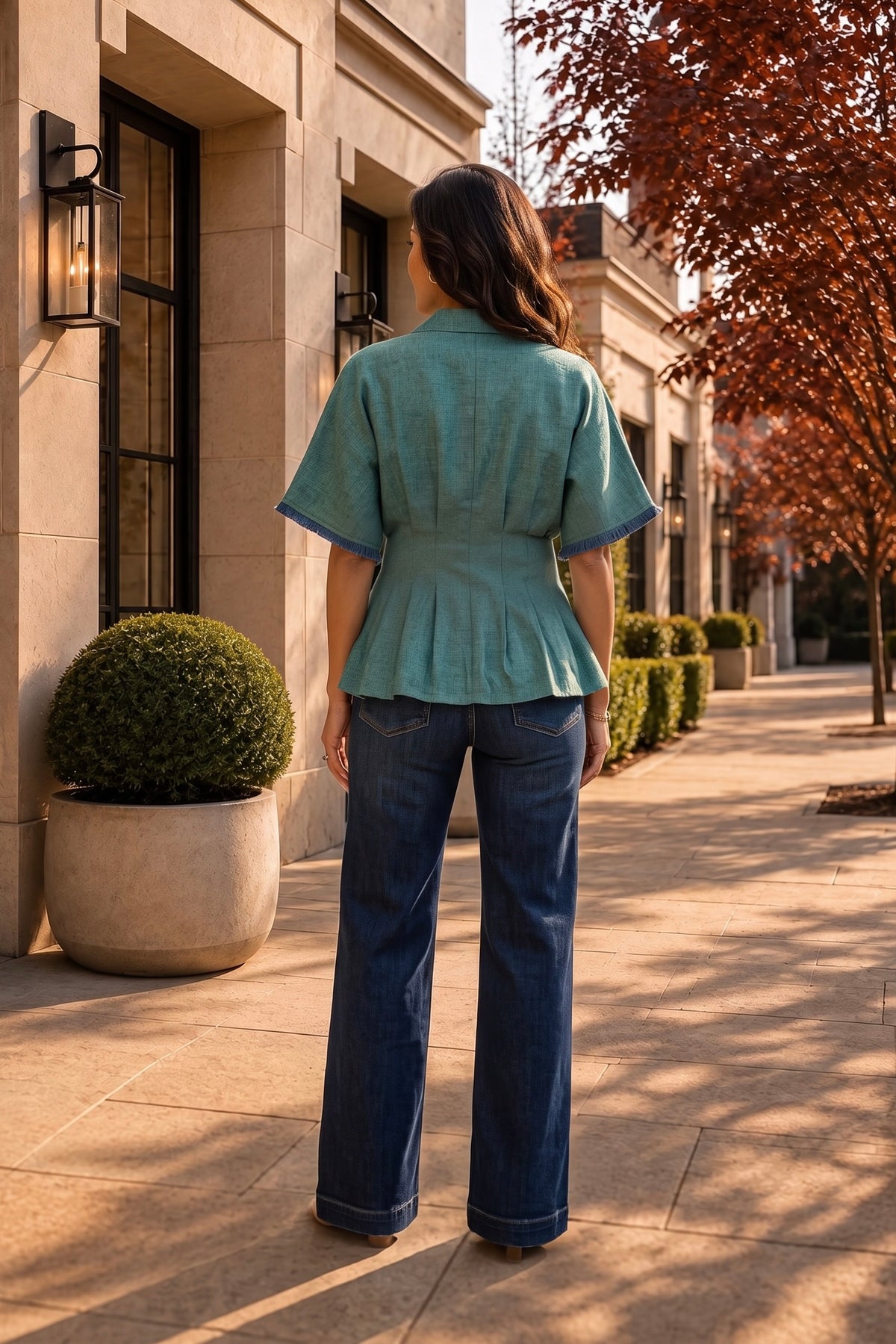 Joyce Pleated Waist Dolman Sleeve Button Down Top : Hunter Green