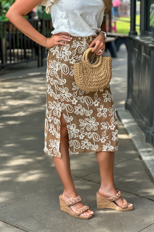 Myley Floral Embroidered Midi Skirt : Brown