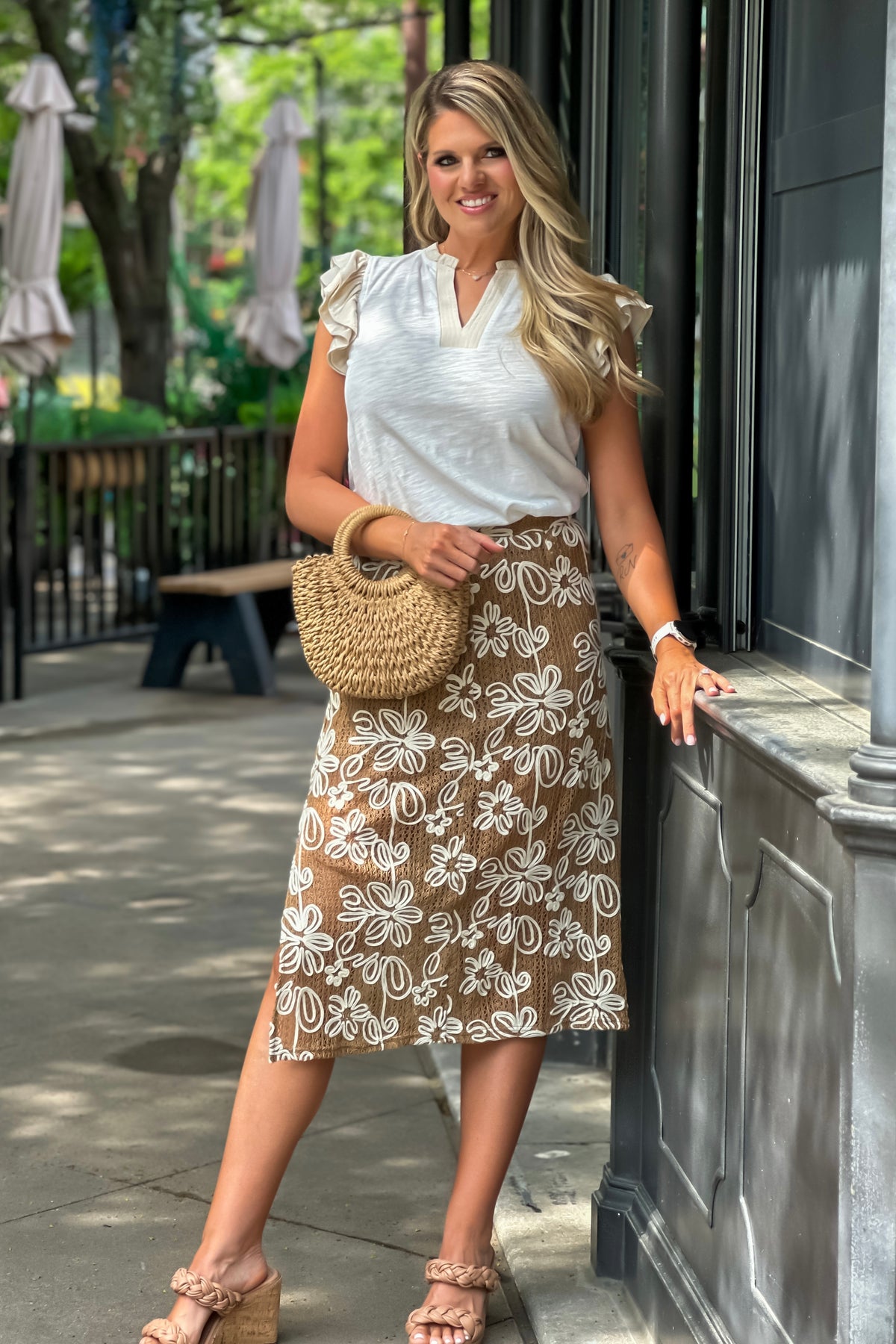 Myley Floral Embroidered Midi Skirt : Brown