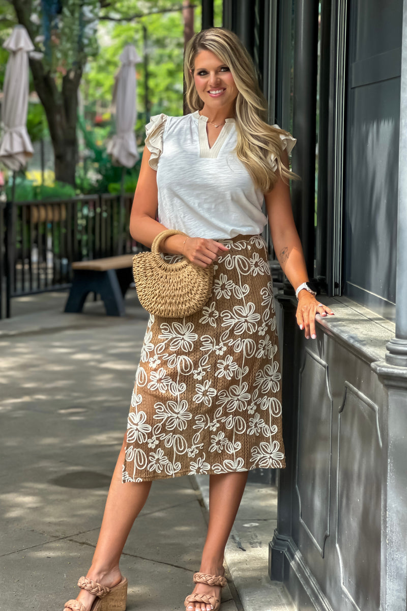 Myley Floral Embroidered Midi Skirt : Brown