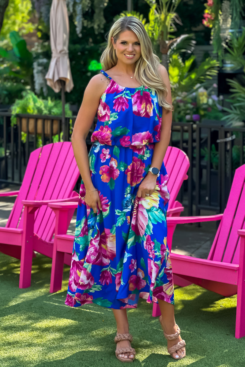 Lyndzi Braided Strap Floral Tank : Blue