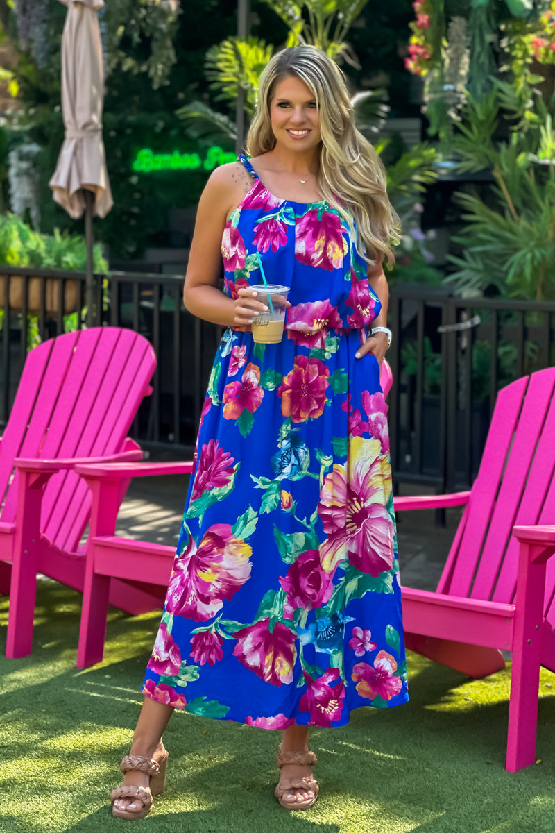 Lyndzi Braided Strap Floral Tank : Blue