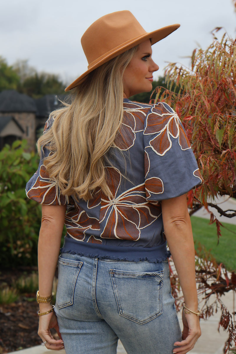 Rashana Detailed Floral Embroidery Top : Blue