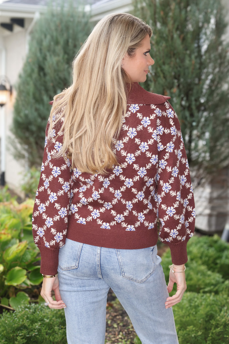 Aubrielle Printed Half Zip Sweater : Chocolate/Ivory