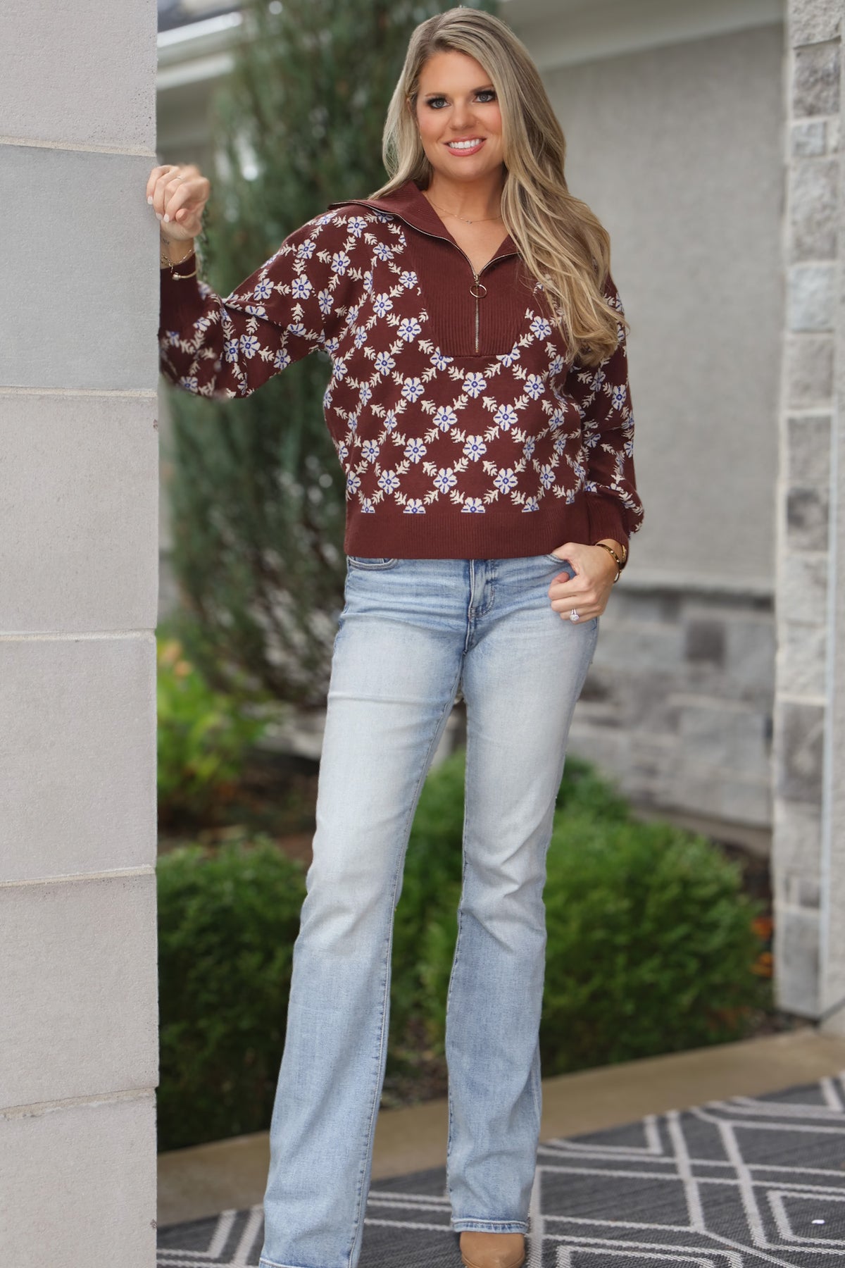 Aubrielle Printed Half Zip Sweater : Chocolate/Ivory