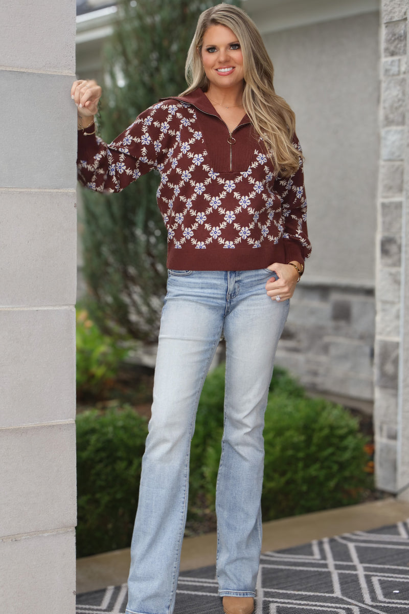 Aubrielle Printed Half Zip Sweater : Chocolate/Ivory