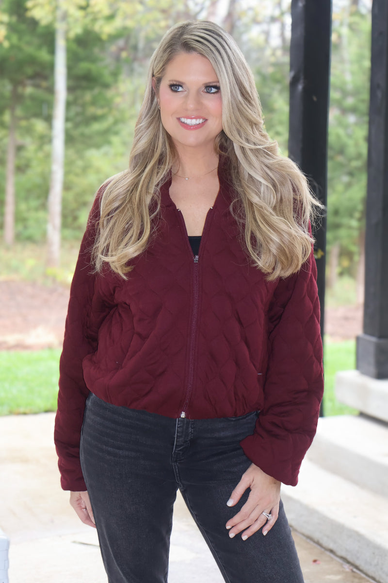 Makiko Quilted Bomber Jacket : Dark Cherry