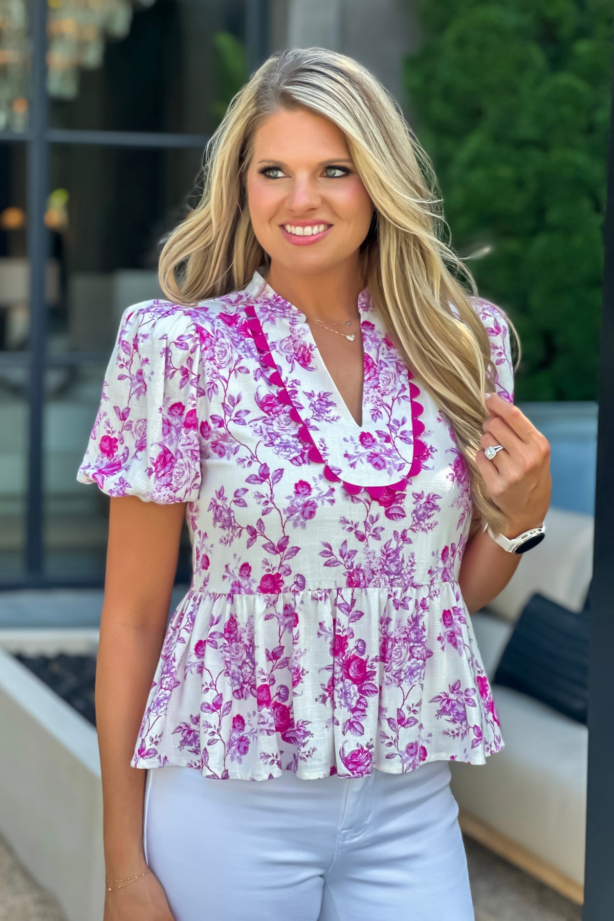 Mahalia Open Neck Floral Blouse : Pink