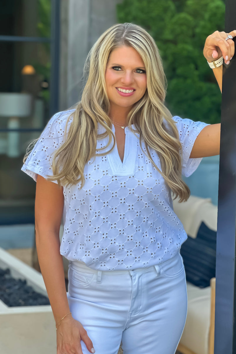 Priya Tribal Split Neck Top : White