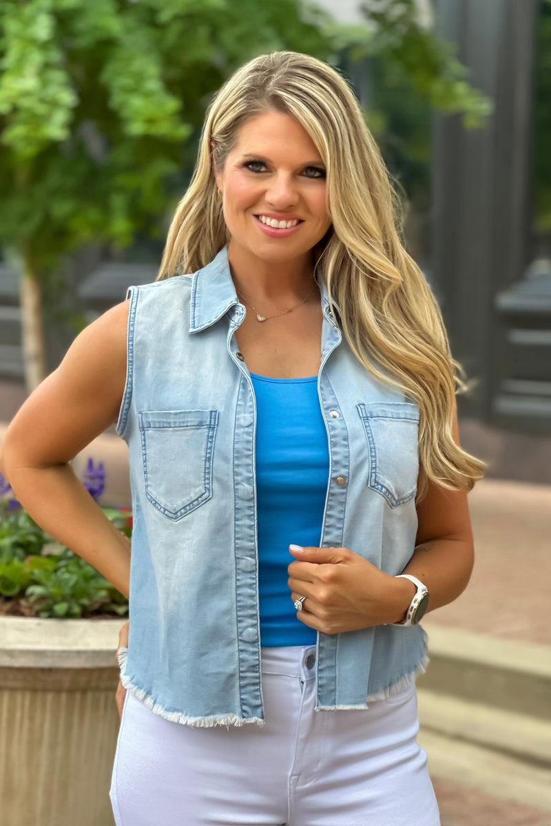 Tribal Loxley Crop Denim Shirt w/ Fray Hem : Blue