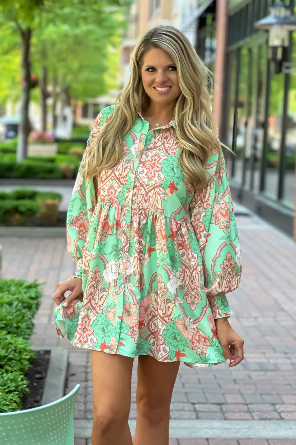 Milania Floral Print Button Up Midi Dress : Green