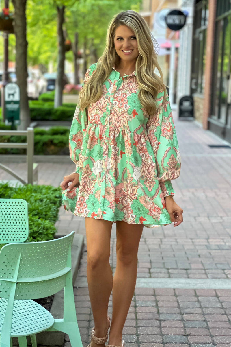 Milania Floral Print Button Up Midi Dress : Green
